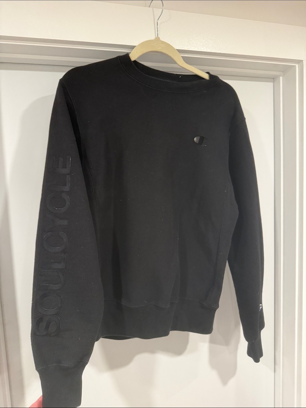 Champion Black Crewneck Sweatshirt with Raised Sleeve Logo